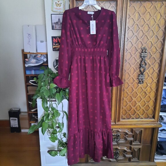 Button Down Smocked Swiss Dot Ruffle Tiered Boho Maxi Dress NWT! - Wine/Red, S - Picture 2 of 16